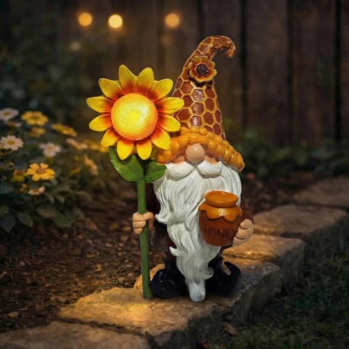 Lyeasw Solar Garden Gnomes Gifts - Garden Gnome Decor Outdoor - 8.3 Inch Honey Pot Funny Figurines for Birthday Anniversary Gardening Unique Sunflower Decorations for Mom & Grandma Yard Patio