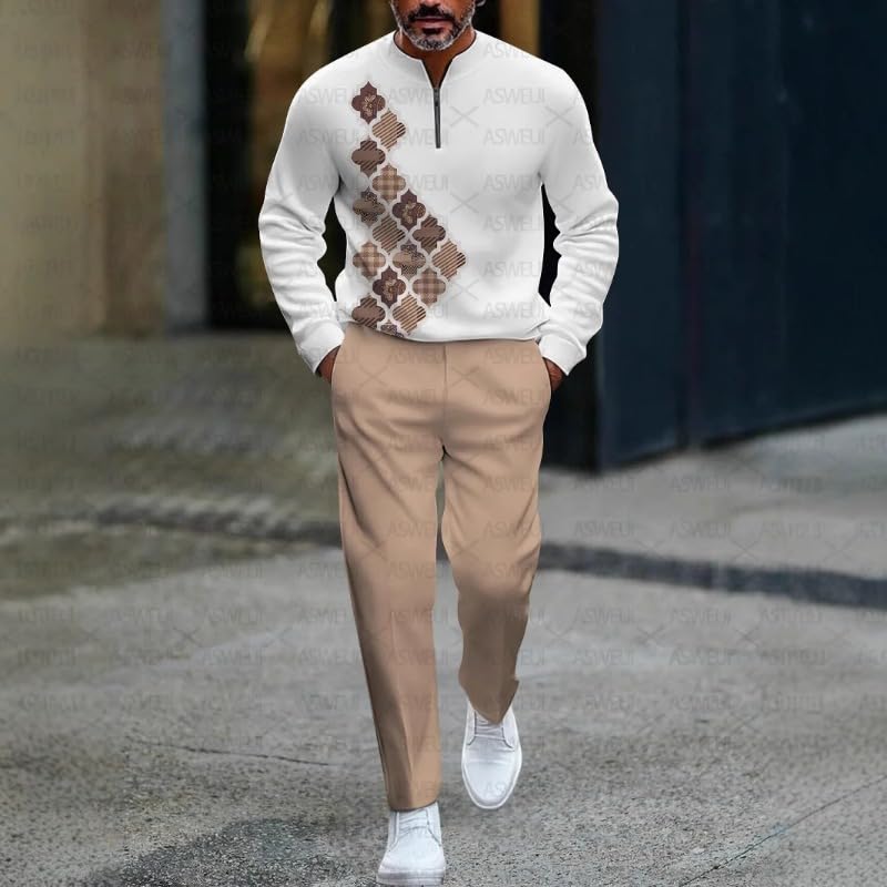 Men's street retro polo shirt jogging pants two-piece set, semi-circular collar zipper printed casual set3