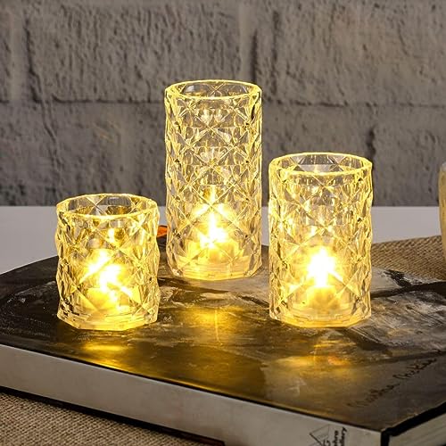 Image of One94store 3 Pcs Set Diamond Flameless and Smokeless Decorative Candles Transparent Acrylic Led Tea Light Candle for Christmas, Festival,Candles (3 Pieces, 5 cm.7cm,9 cm) Combo Set Warm White