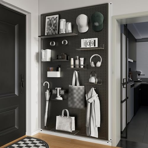 Metalowe panele ścienne z haczykami – wszechstronny zestaw perforowanych desek do domowego garażu i przechowywania narzędzi kuchennych (czarne 120 cm x 60 cm)