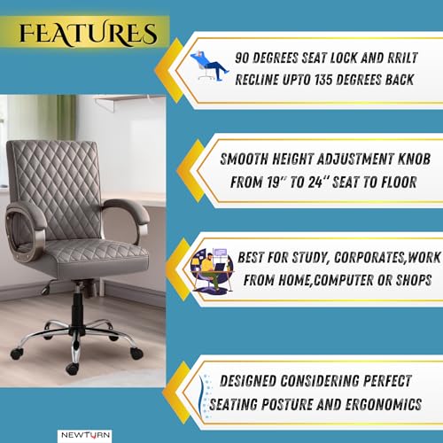 Image of NEWTURN Beta Mid Back Office Chair, Leatherette Ergonomic Design with Tilt /Height Adjustment, Metal Chrome Base, 360 Swivel for Study and Work from Home & 1 yrs Parts Replc. Warranty