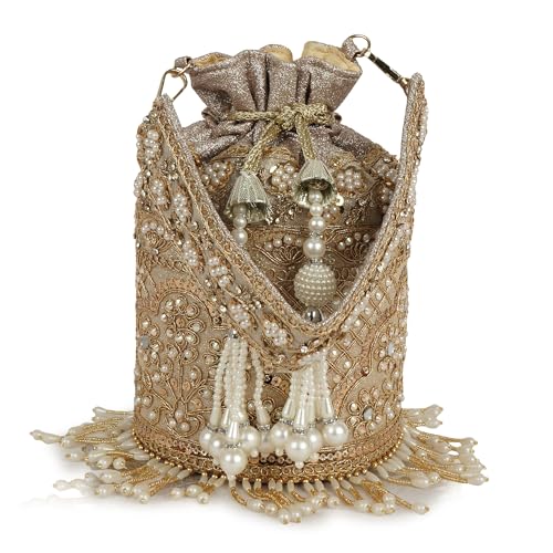 Image of Nevis Silk Fabric Designe Embroidered Potli Bag with Pearl Tassels & Beaded Strap | Bridal Ethnic Drawstring Clutch for Wedding