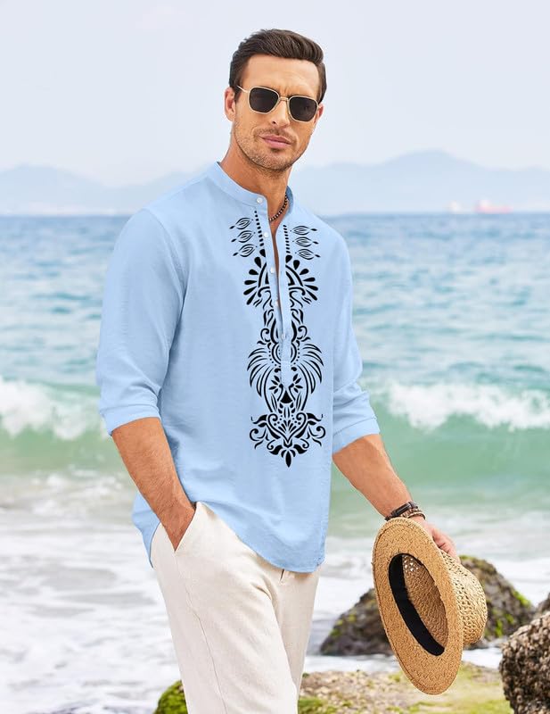 Image of FINIVO FASHION Men's Cotton Blend Short Kurta with Bold Printed Front Design | Full Sleeve Ethnic Casual Kurta with Mandarin Collar | Artistic Festival & Travel Wear for Modern Ethnic Style