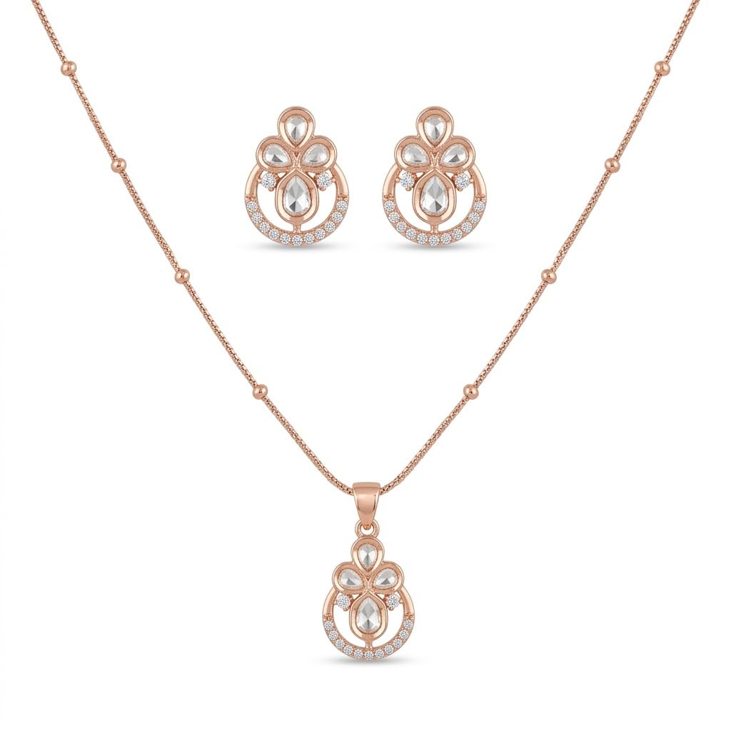 Kundan Pendant Set with Stud Earrings and Chain, Rose Gold Tone, Moissanite, 22 cm Chain, For Women and Girls, PSK-5394-image-46