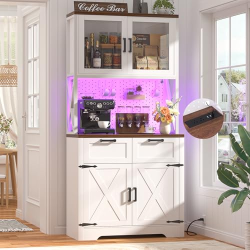 Image of Unikito 71" Pantry Cabinet with LED Light & Outlet, Tall Kitchen Pantry Storage Cabinet with Microwave Stand, DIY Pegboard, Drawers and Adjustable Shelf, Farmhouse Kitchen Hutch for Dining Room