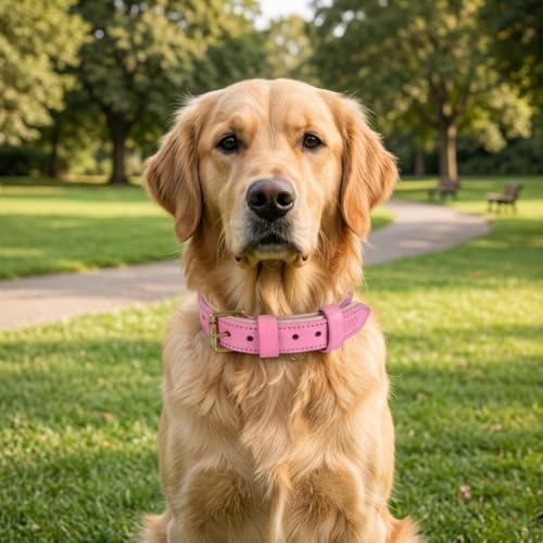 Image of Genuine Leather Dog Collar, Light Pink, Medium, Brass Buckle, Padded | 1 Inch Wide, Fit Neck Size - 14.5 inch - 18.5 inch, Double D Ring, Adjustable, Thick Leather, Heavy Duty, Soft Leather padding