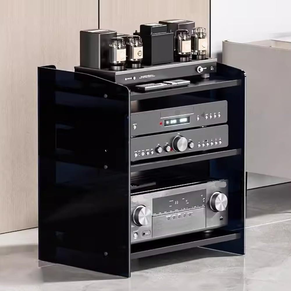 Mensola for giradischi, mobiletto multimediale, supporto audio/video con ripiani regolabili a 3/4 livelli, moderno rack AV, spazio for componenti stereo di intrattenimento(Black Acrylic,3 Tier)