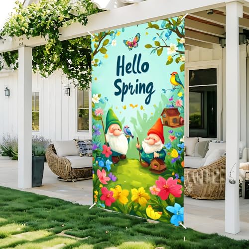 Image of Hello Spring Gnome Door Cover 35x71in Bird Butterfly