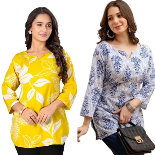 Image of MS VHCK ENTERPRISE Women's Cotton Printed Short Kurti, Round Neck, Three Quarter Sleeve, Straight Fit, Pack of 2