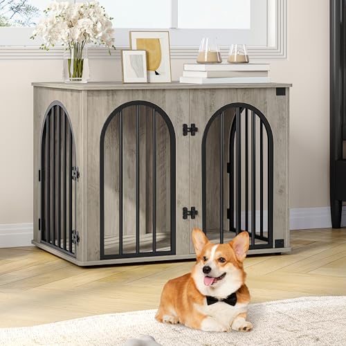 Hzuaneri Hundekäfig Möbel, 80cm Hundebox für Zuhause, 3 Türen, Bogentür, Moderne Hundebox Indoor für Hunde, Beistelltisch, Hundekäfig Hochbelastbar, 80 x 56 x 61 cm, Hell Elfenbein DFC85105B