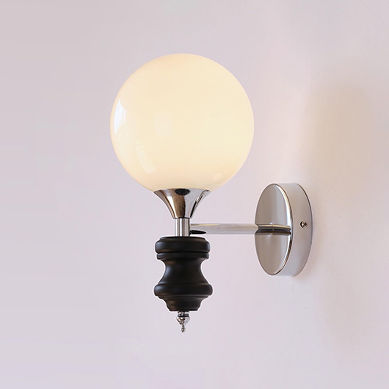 KBUUKYYXouy Mid-Century Modern Wall Sconce, 1 Light Black and Chrome Sconce Wall Light with Glass Globe Shade, Rubberwood Accent Wall Lamps for Coffee Shop Bedroom Living Room Kitchen