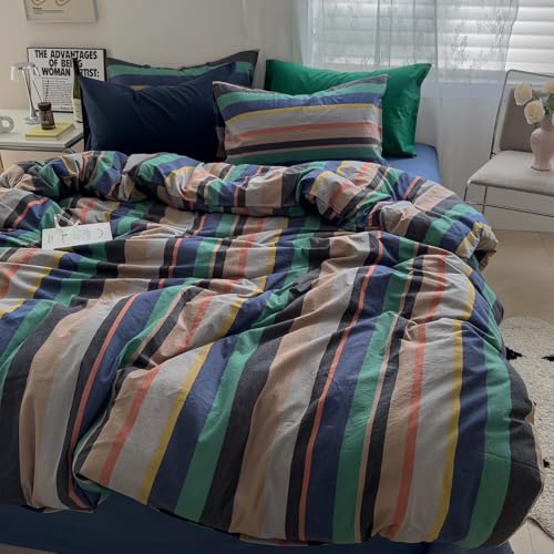 Image of mixinni Vintage Striped Duvet Cover Full 100% Washed Cotton Bedding Set Retro Mid Century Modern Striped Duvet Cover with Zipper Closure Corner Ties for Kids Teens Dorm