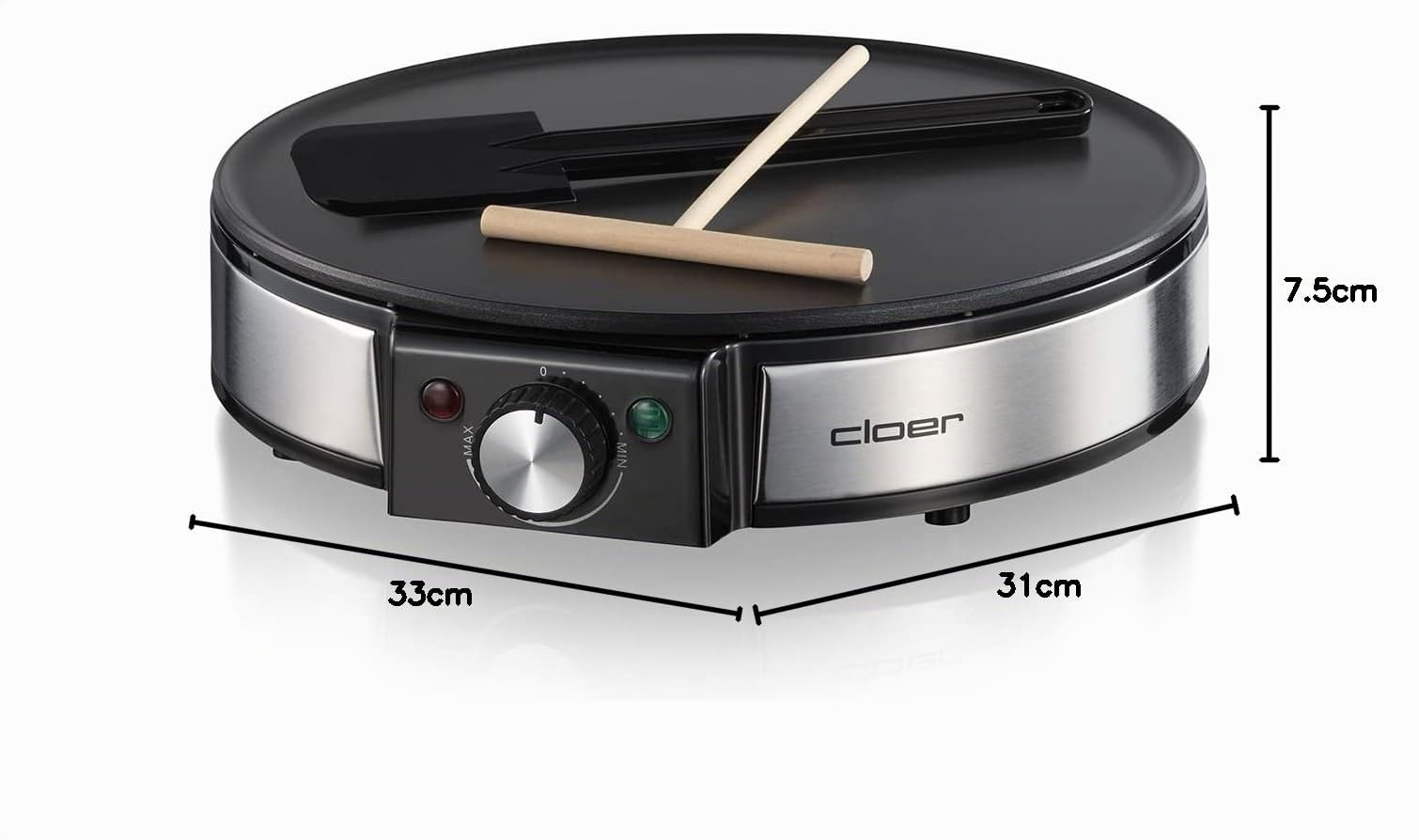 Cloer 6630 Crêpière pour crêpes sucrées ou salées d'un diamètre de 30 cm, 1200 W, revêtement antiadhésif, avec épandeur de pâte et tourne-crêpes, noir