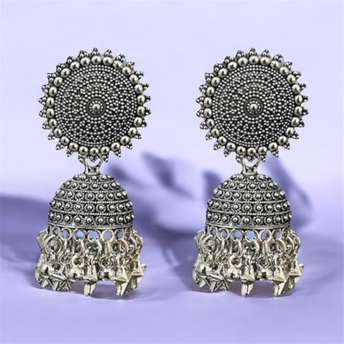 Stylish Silver Jhumkas with Turquoise Beads, Drop Earrings for Women - Image 5