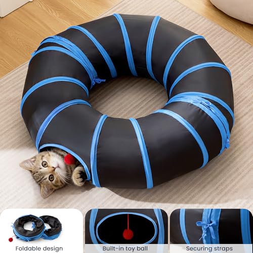 Love's cabin Round Cat Tunnel for Indoor Cats, Collapsible Pet Play Tunnel with Teaser Wand, Peek Holes & Hanging Ball, Interactive Kitty Tube for Kittens & Rabbits, Blue by Love's cabin - Image 7
