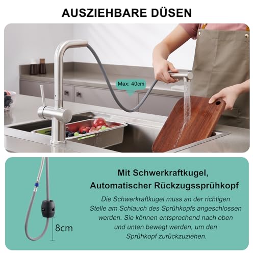 BONADE Niederdruck Armatur Küche Ausziehbar, Wasserhahn Küche mit Brause Zwei Wasserstrahlarten, Edelstahl Niederdruck Küchenarmatur, 360° Drehbar Mischbatterie Küche für Boiler, Gebürstet