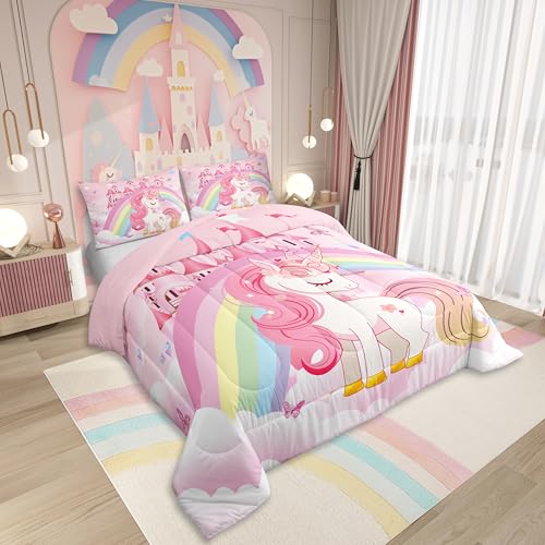 Image of Erosebridal Girls Unicorn Bedding Set King Rainbow Princess Pink Unicorn Comforter Set Teens Kids Kawaii Cute Castle Stars Reversible Bed Sets Cartoon Horse Duvet Set Fantasy Girls Room Decor