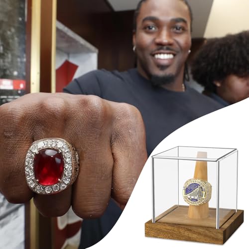 Image of Hooqict Championship Ring Display Case Clear Acrylic Ring Case Display Box UV Protected with Wood Base Stand for Sports Baseball Basketball Softball Football Single Ring Holder Coin Stand