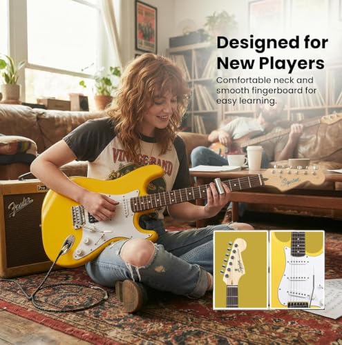 Image of Fender Squier Stratocaster Electric Guitar, Beginner Guitar, with 2-Year Warranty, Includes Free Lessons, Graffiti Yellow with Matte Finish