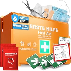 HELDENWERK Eerste hulp doos volgens nieuwe DIN 13157:2021 incl. wandhouder en stickers | universele EHBO-koffer voor bedrijf, huishouden of horeca – kantoorverbanddoos gevuld, sanitaire doos