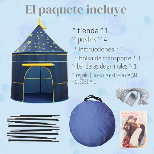 Carpa para niños y playhouse toy castillo azul con luces de estrellas para juegos de interior 5