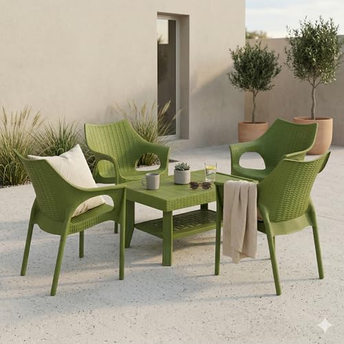 Image of Oaknest Supreme Cambridge with Vegas Plastic Outdoor Chair and Table Set | 4 Rattan Chairs + 1 Table | Weatherproof, Lightweight | Garden & Patio Use Mehandi Green