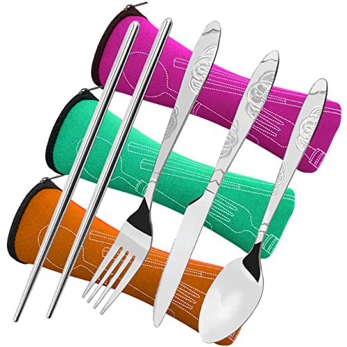 3 Pack Camping Silverware Set, CKANDAY 12 Pcs Knife Fork Spoon Chopsticks Stainless Steel with Carrying Case Rustproof Tableware Flatware for Traveling Picnic Working Hiking-Red/Green/Orange