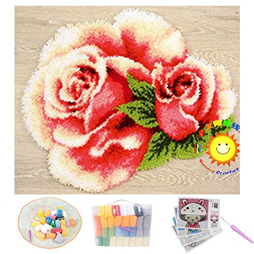 3D Rosen Formteppich Knüpfteppich DIY Handarbeit Selbst Knüpfen Set Für Kinder Und Erwachsene Zum Selber Knüpfen Teppich Latch Hook Kit Child Rug,Rose,110 * 97cm/43 * 38 in Cover