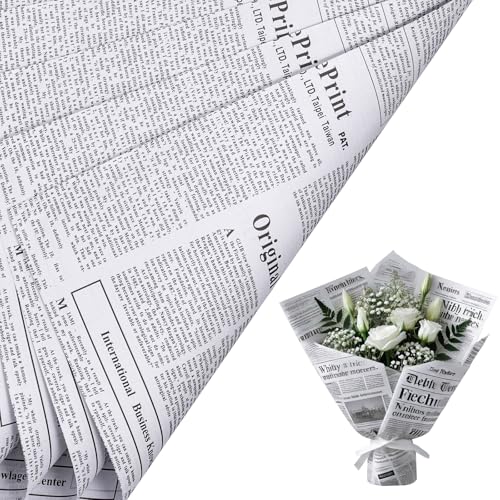 WRAPAHOLIC 20 Sheets Kraft Newspaper Flower Wrapping Paper - 19.6 x 27.5 inch White Font Vintage Newsprint Design Reversible Floral Bouquet Wrapping Paper for Florist Supply Wedding Birthday Gift DIY