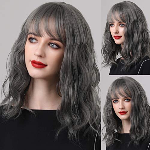 Beweig Short Grey Bob Wavy Wigs with Bangs for Women Shoulder Length Synthetic Curly Bob Wig for Cosplay Party Halloween Costumes