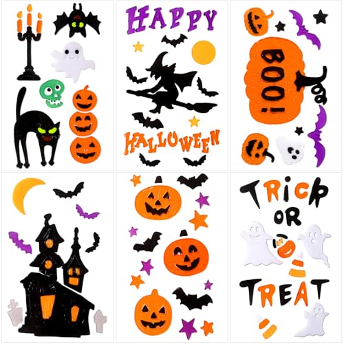 JOICEE 6 Sheets Halloween Gel Window Clings Happy Halloween Pumpkins Witch Ghost Bats Castle Thick Gel Window Stickers Decals for Home Classroom Window Party Decor