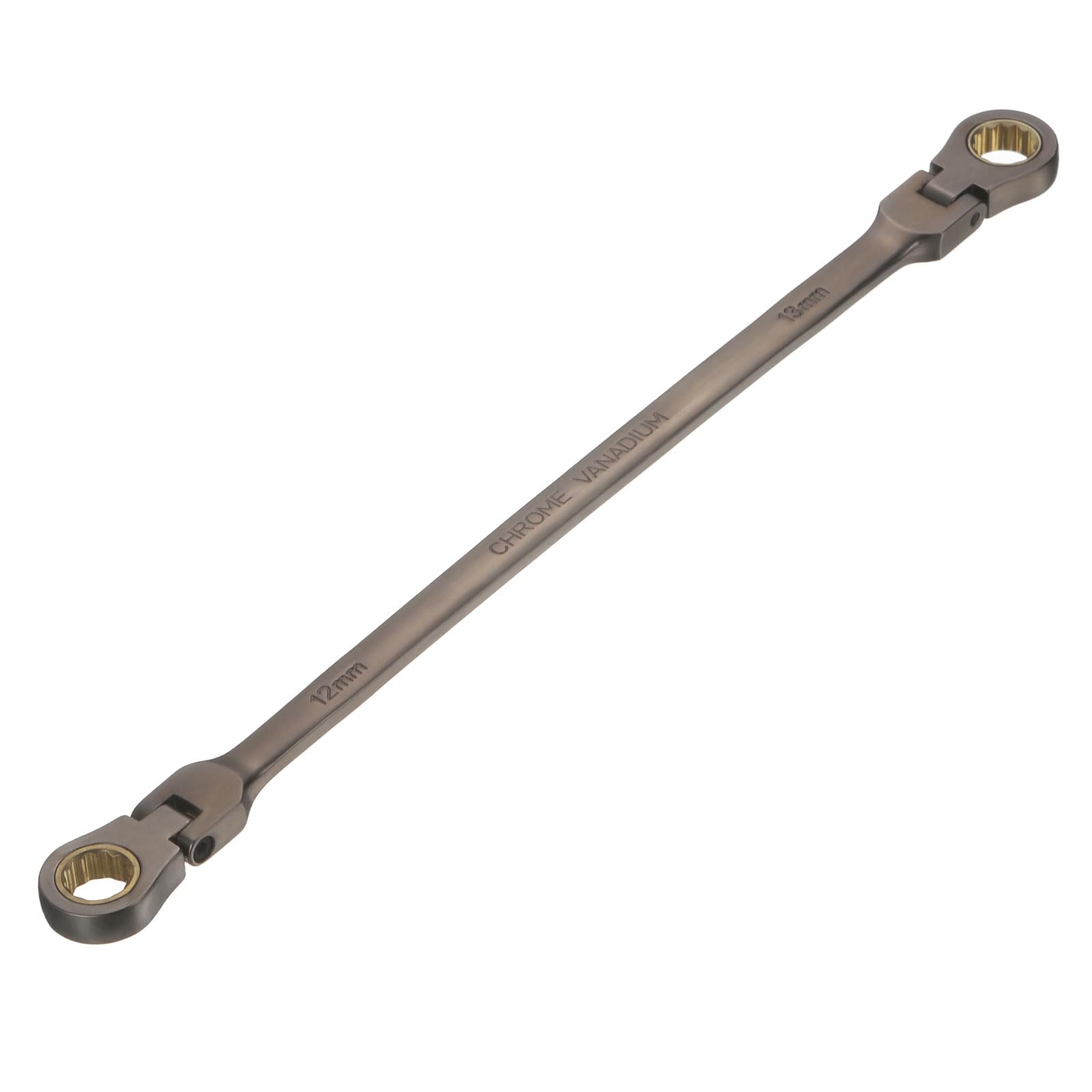 sourcing map Double Box End Wrench Extra Long Flex Head Metric 12 x 13mm 72-Tooth 12-Point Ratcheting Double Box End Wrench 180 Degree Flex Head CR-V Steel for Garage Repair DIY, Black
