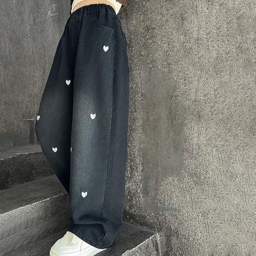 Jeans for Girls Baggy Wide Leg Heart Denim Pants Elastic High Waist Cute Trousers Casual Trendy Streetwear with Pockets3