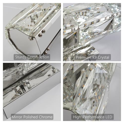 Image of Crystal Wall Sconce Dimmable LED with Remote for Bedroom Bathroom | Hardwired, 2700K-6000K Tunable, K9 Crystal, Chrome Modern Vanity Lighting for Stairway Hallway Bedside