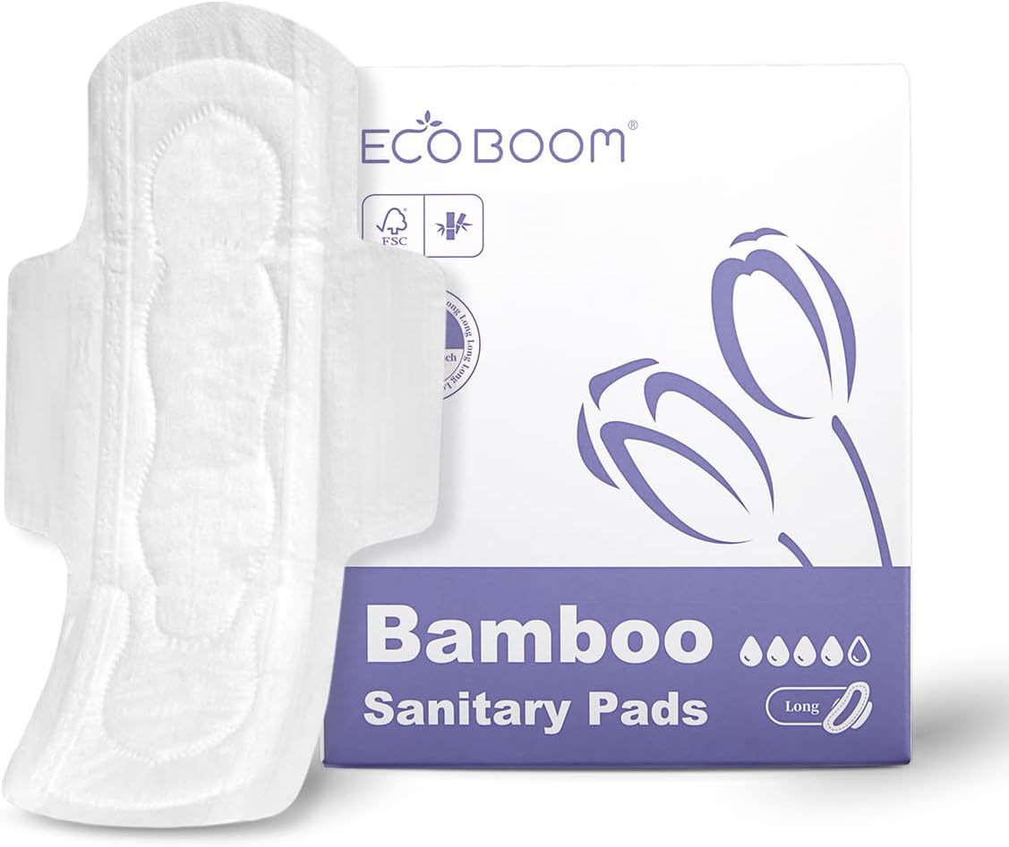 ECO BOOM Bamboo Viscose Sanitary Pads with Wings 100% Natural Sanitary Pads Chlorine and Fragrance Free Heavy Absorbency Sanitary Napkins for Women 8 Count ECO BOOM Bamboo Viscose Sanitary Pads with Wings 100% Natural Sanitary Pads Chlorine and Fragrance Free Heavy Absorbency Sanitary Napkins for Women 8 Count