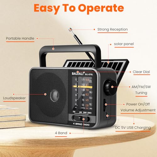 Image of Solar-Powered Portable Radio, AM /FM /SW Radio with Loud Speaker, Built-in Rechargeable Battery and USB-C - Emergency Radio for Outdoor, Camping, Travel, Storms and Power Outages (Model BJL-671-Solar)