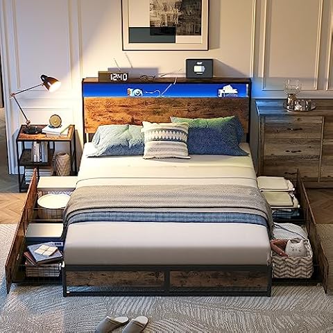 LINSY Queen Bed Frame with RGB Lights, 4 Drawers, Headboard and Fast Charger - Rustic Brown, Easy Assembly with Storage, No Box Spring Needed Cover