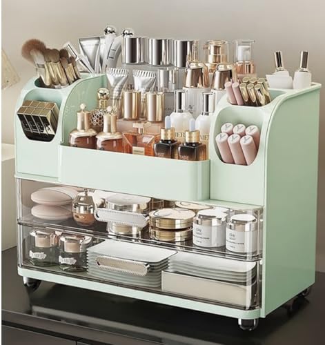 Tiered Makeup Organizer, Mint Green Cosmetic Storage Display Case with