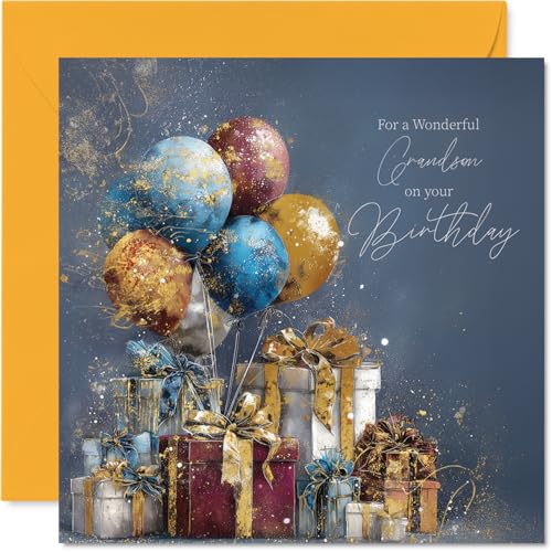 Gold Grandson Birthday Card - Gold Balloons & Presents - Happy Birthday Card for Grandson from Grandad Nanny, 145mm Golden Balloons & Presents Bday Greeting Cards