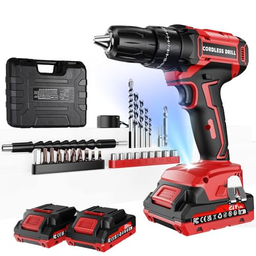 Olubfdh Akkuschrauber 21V Akku Bohrschrauber mit Akku 2×2000mAh 45Nm Drehmoment Max 25+3 Drehmomentstufen (2-Gang & LED) mit Ladegerät und Batterieladeanzeige, für Haus und Garten DIY Projekt (2 Akku)