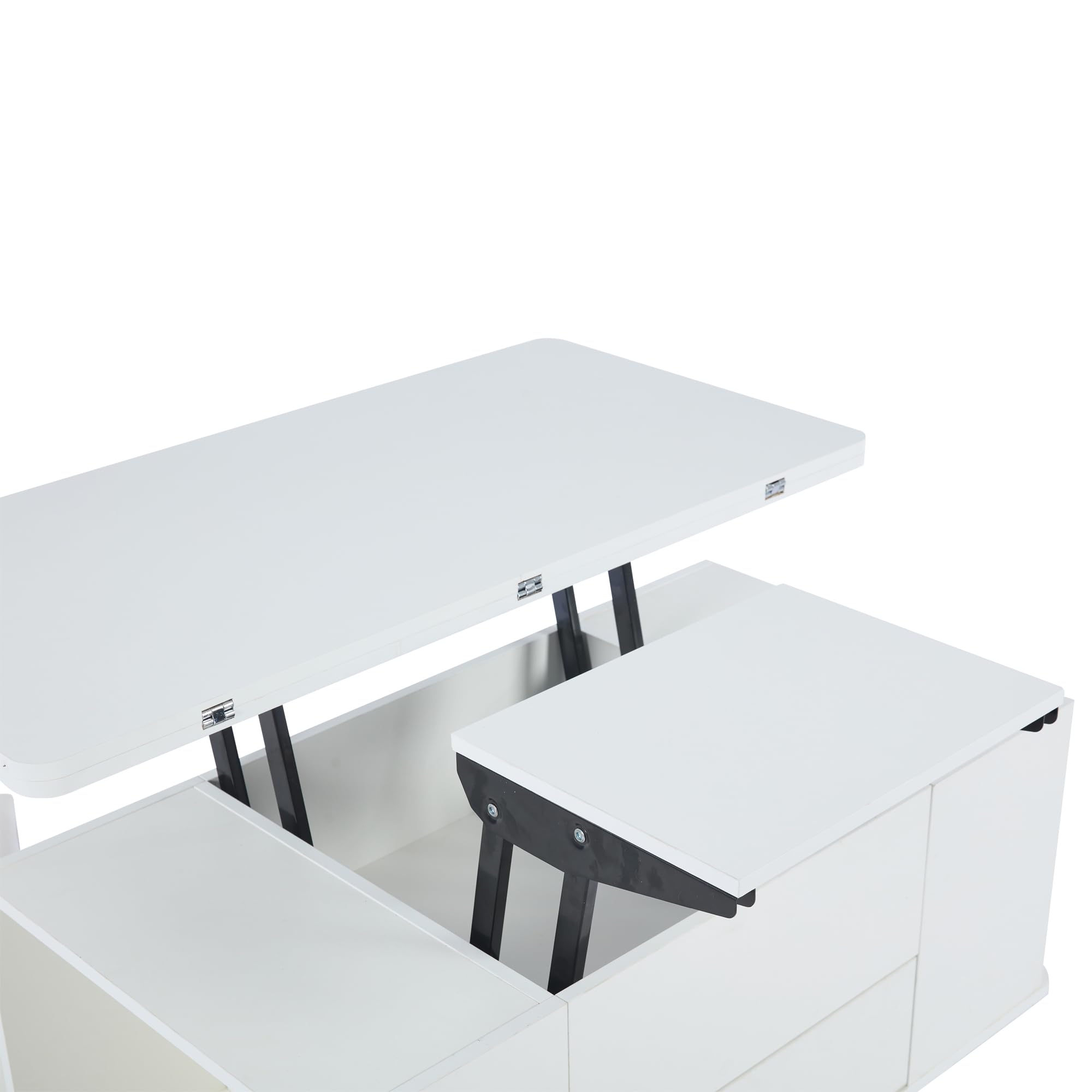 Mesa de centro regulable en altura, mesa de sofá móvil, mesa de centro multifunción 4 en 1, convertible en sala de estar, comedor, mesa de centro con cajones, con 4 taburetes, color blanco