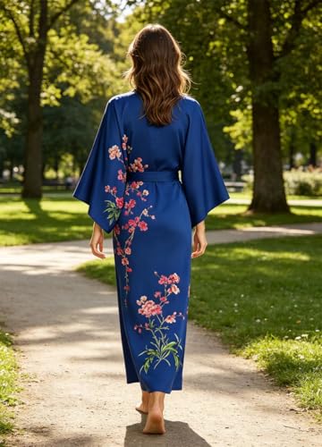 Image of Women's Classic 100% Silk Kimono Robe, Bathrobe-Printed Pattern