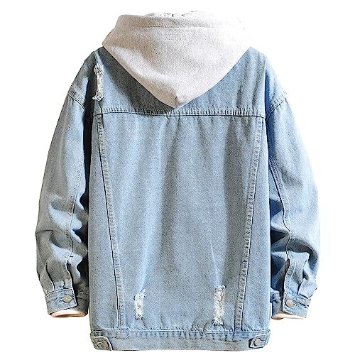 Image of Men's Denim Jacket Distressed Hooded Jean Jackets Baggy Ripped Trucker Coat | Loose Vintage Long Sleeve Denim Hoodie Cotton Button Down Jean Outerwear With Pockets Black Blue Hip Hop Streetwear Casual