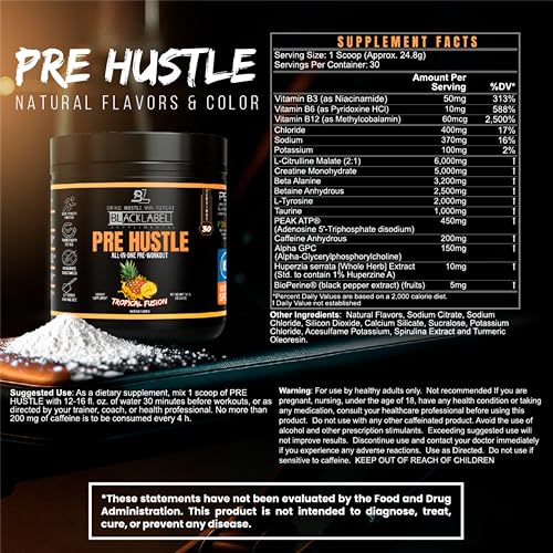 Image of Blacklabel PRE Hustle V3 NSF Certified for Sport Pre-Workout Powder | Tropical Fusion, Energy, Strength & Endurance Support With Creatine & Caffeine, 30 Servings