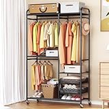 Eleraotr Heavy Duty Clothes Garment Rack with Removable Drawers, Adjustable Free Standing Closet Metal Clothing Racks for Hanging Clothes, Easy to Assemble & Sturdy with Hooks, Safety Locks