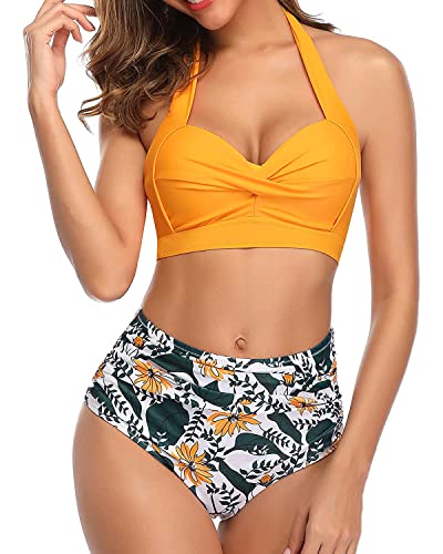 Tempt Me Women Vintage Swimsuits Yellow Retro Halter Ruched High Waist Bikini with Bottom M