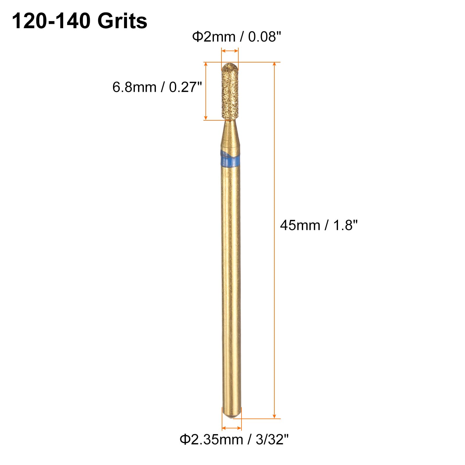 HARFINGTON 5pcs 200-230 Grits Diamond Grinding Bit 4mm Cylindrical Ball Head 2.35mm Shank 12mm Length Titanium Plated Stone Sanding Drill Bits Rotary Tool for Nails Grinding Polishing
