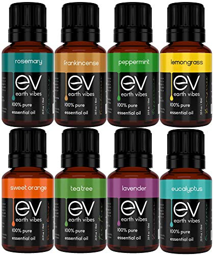 Earth Vibes Essential Oils Set Top 8 Essential Oil For Aromatherapy - 8 x 10ml - Therapeutic Grade - 100% Pure Of The Highest Quality - Tea Tree, Lavender, Peppermint, Eucalyptus Gift Set Starter Kit