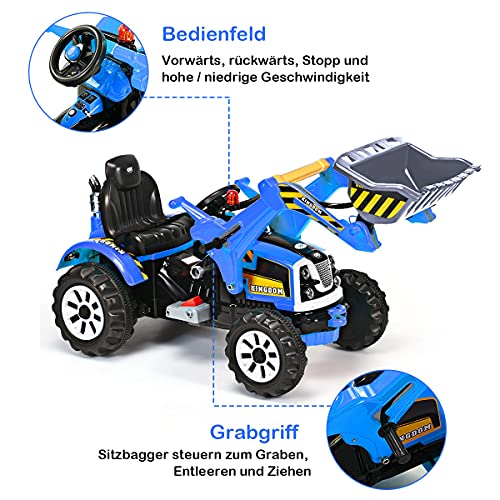 COSTWAY 12V Kinder Bagger, Kinderbagger 2,5-5 km/h, Sitzbagger mit Schaufel, Elektro Bagger Spielzeug, Sandbagger mit Vor-/Rückwärtsschalter, Aufsitzbagger für Kinder von 3 bis 8 Jahren (Blau) – Bild 5