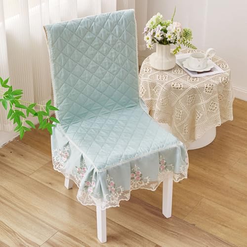 Image of HOMETHREADS Vintage Dining Chair Protector Cover, Quilted Cotton with Lace Frills, Easy Slip-On Design, Protects Seat & Backrest While Keeping Chair Visible, Washable & Reusable, Green (Pack of 1)